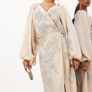 ASOS Cream Long Sleeve Dress with Silver Embellishments